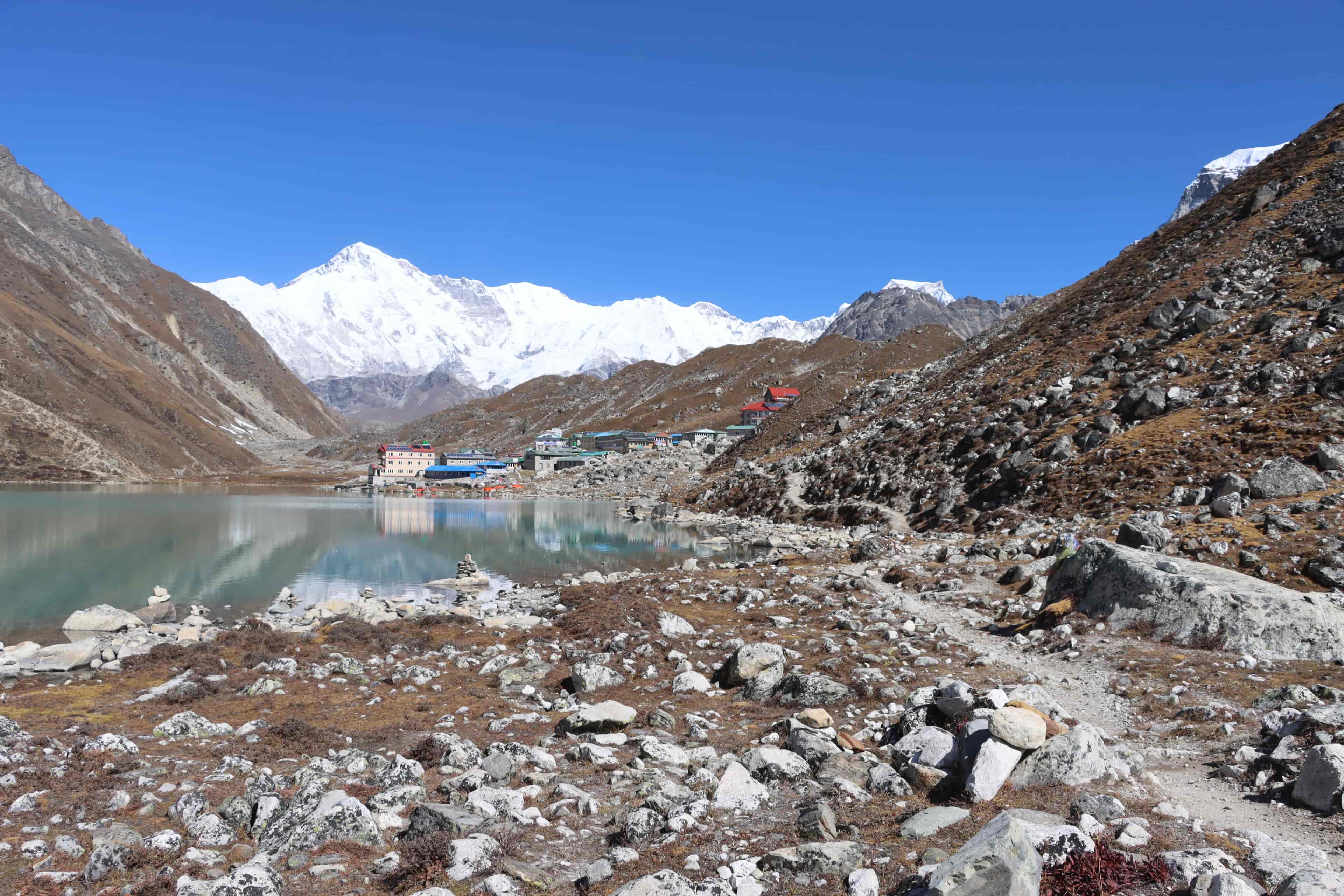 Morning light over Gokyo village with snowy peaks of Cho Oyu in the distance