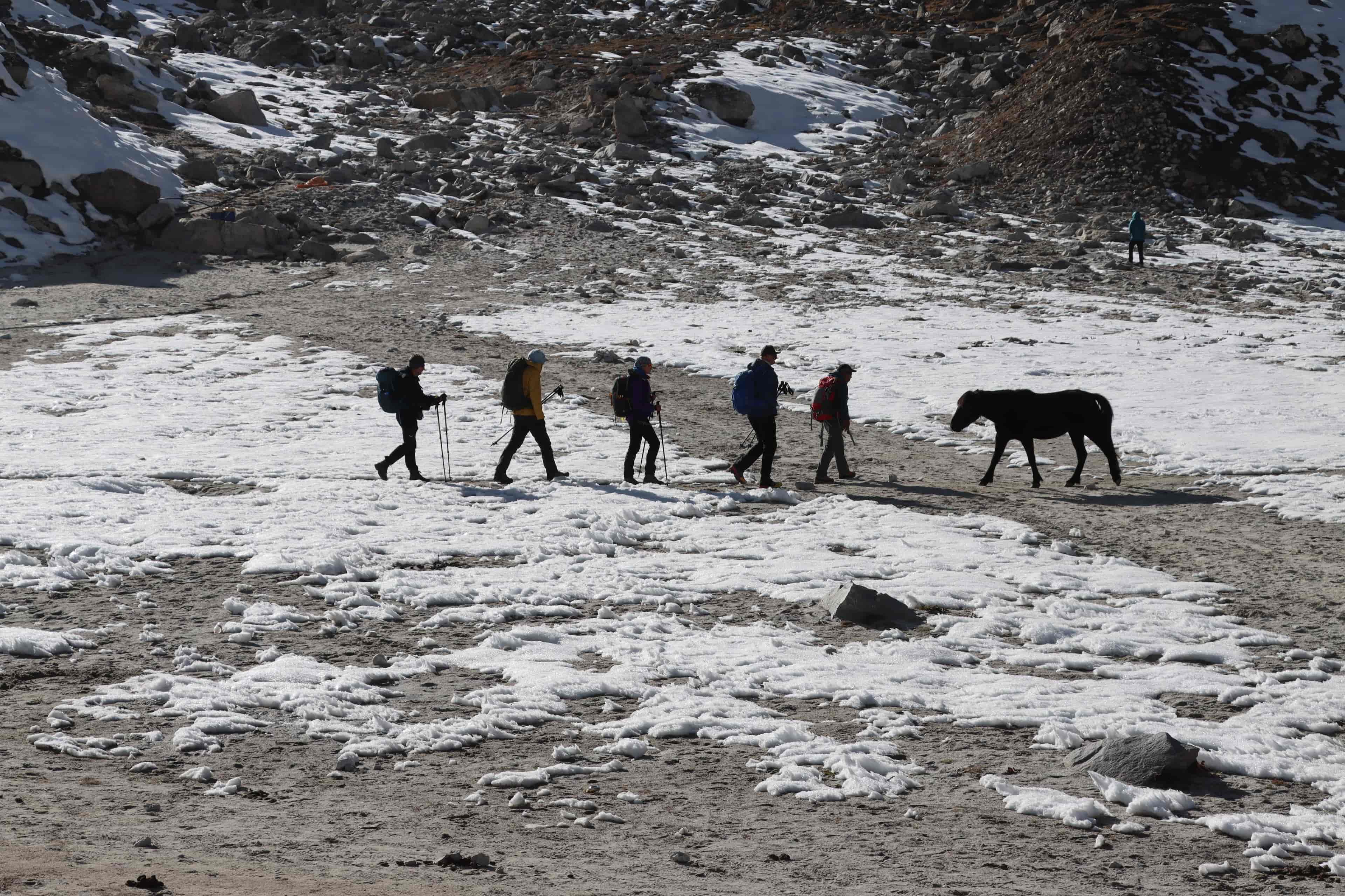 Trekkers at high-altitude Gorakshep village, gateway to Everest Base Camp