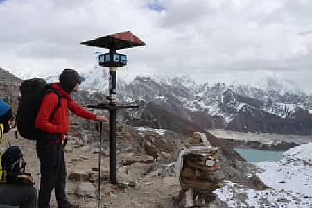 Trekkers standing atop Renjo La Pass with panoramic Himalayan peaks in the background