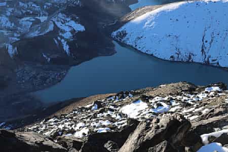 Aerial-style perspective of Gokyo village and emerald Gokyo Lakes from Gokyo Ri of Everest region