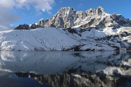 Panoramic view of Gokyo Lake with Machermo Peak rising in the background