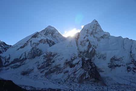 Kalapatthar sunrise panorama featuring Mount Everest and Nuptse in the background