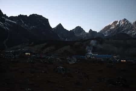Evening view at Dzongla before crossing Cho La Pass, stone lodges, and Himalayan landscape