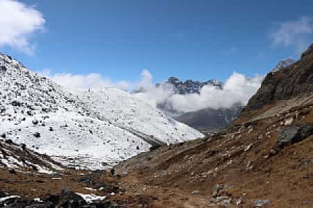 Descending trail from Cho La Pass to Dragnak with snowy Himalayan peaks and rugged alpine terrain
