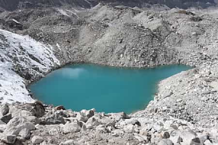 Emerald glacial pond framed by rugged moraine walls on Ngozumpa Glacier near Gokyo