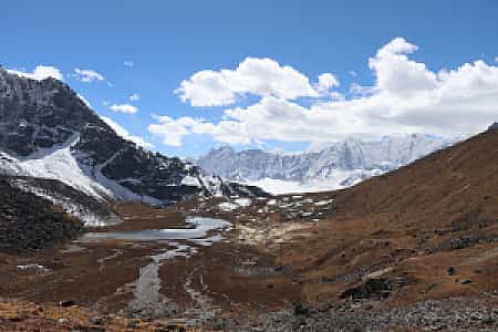 Panoramic view of Renjo La Pass trail, rugged peaks in the distance, and ice streams melting