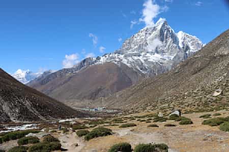 Snow-capped Tawache towering over the Sherpa village of Dingboche in Imja Valley