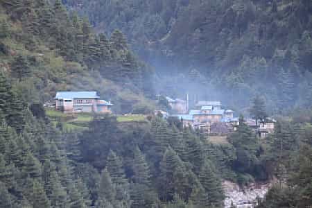 Scenic view of Benkar Village, Khumbu region, nestled between river and mountains