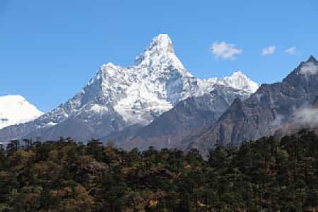 Ama Dablam mountain seen near Namche on Everest trekking route