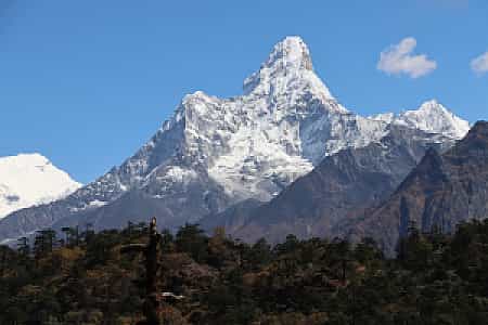 Ama Dablam seen from Namche acclimatization hike with clear Himalayan skies