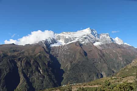 Kongde Ri seen from Namche Bazaar on a clear morning with crisp Himalayan skies