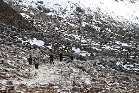 Trekkers on the trail to Everest Base Camp, preparing for the Island Peak climb