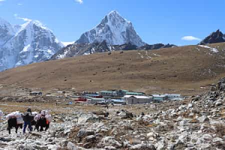 Scenic view of Lobuche village at 4,940m with Khumbu mountains in background