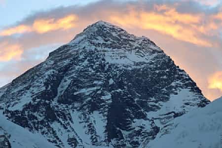 Everest peak glowing at sunrise, seen from Kala Patthar viewpoint in the Khumbu region