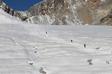 Trekkers walking through deep snow en route to Cho La Pass in the Himalayas
