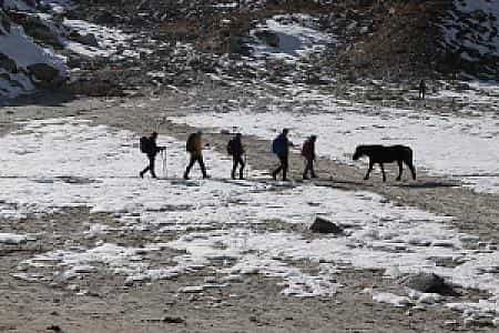 Trekkers at high-altitude Gorakshep village, gateway to Everest Base Camp