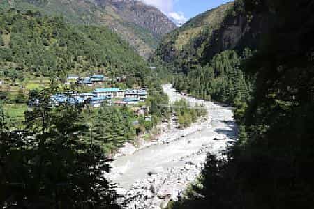 Phakding village on the Everest Base Camp trail with the Dudh Koshi River flowing beside teahouses